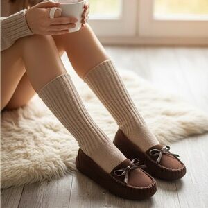 Cloverly Chocolate Brown Vegan Suede Shearling Moccasin Slippers Women’s 10/11